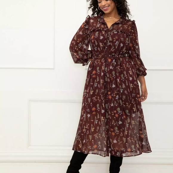 Eloquii Dresses & Skirts - Eloquii Elements Burgundy Midi Shirtdress with Ruffles